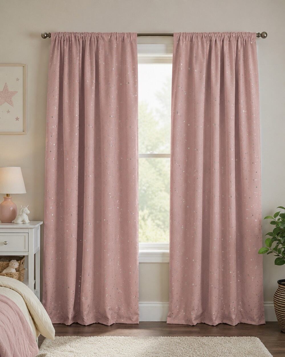 BGment Pink Silver Star Blackout Curtain Panels 51.5 x 84 Set of 2 Rod Pocket